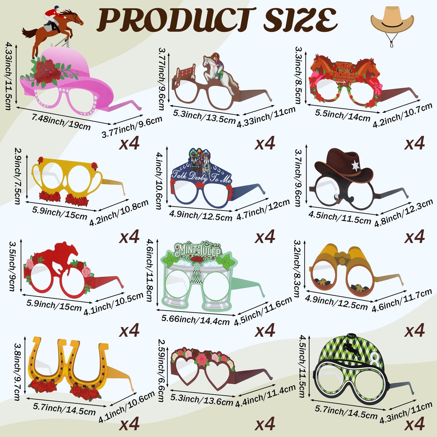 COcnny Derby Day Glasses Decorations - 48pcs Derby Paper Frame Eyeglasses for Horse Racing Competition Party Supplies, Horse Race Sunglasses Photo Props for Birthday Festival Event Celebration Decor