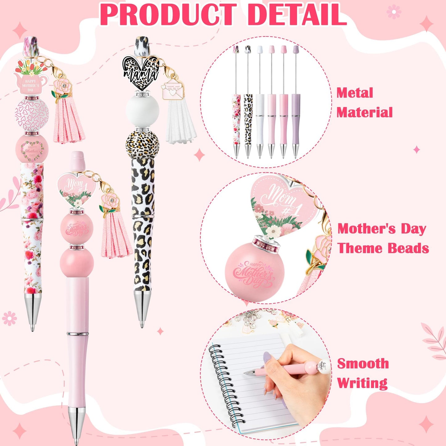 COcnny Mothers Day Beadable Pens - 12 Set Floral DIY Ballpoint Pen Making Kit with Bead Craft, Mother’s Day Party Flower Beaded Pen Bulk Charm Tassel Supplies for Women School Students Gift