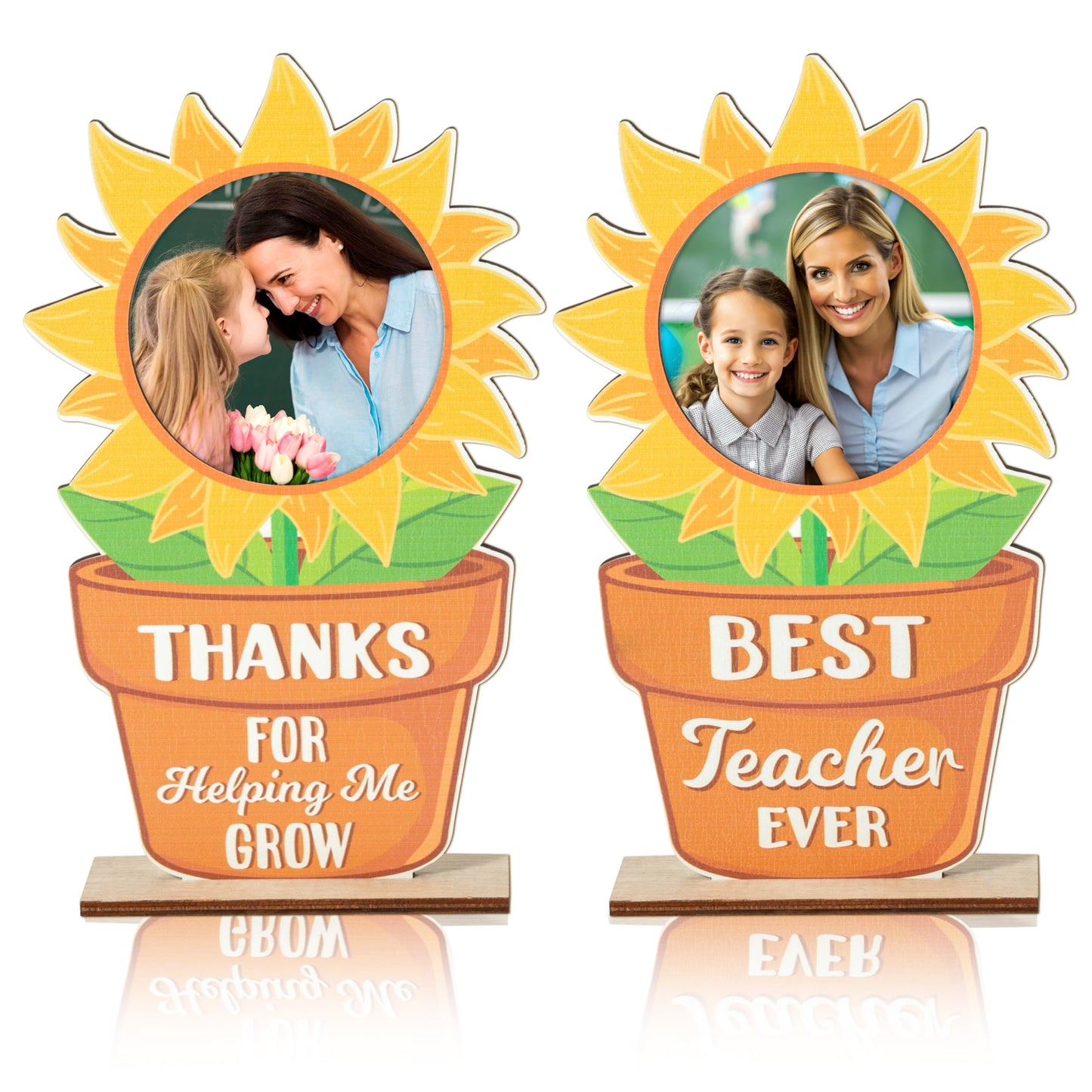 COcnny Teacher Appreciation Picture Frame - 2pcs Thank You Gifts for Helping Me Grow, End of Year Teacher Photo Frame Table Decor, Sunflower Wood Tiered Tray Signs Centerpiece Decoration for Women Men