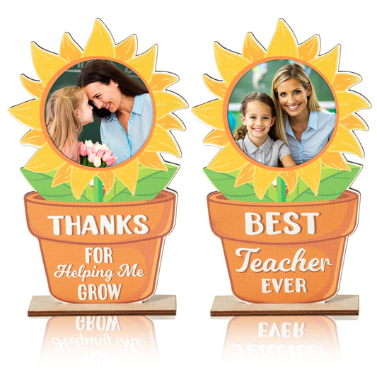 COcnny Teacher Appreciation Picture Frame - 2pcs Thank You Gifts for Helping Me Grow, End of Year Teacher Photo Frame Table Decor, Sunflower Wood Tiered Tray Signs Centerpiece Decoration for Women Men