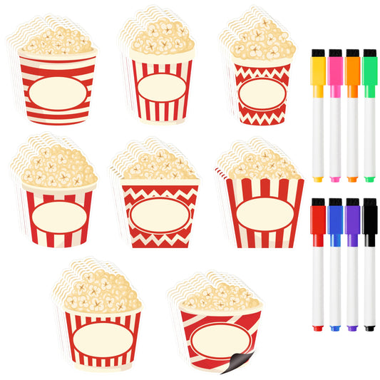 COcnny Magnetic Name Tags Labels - 48pcs Dry Erase Magnets Name Plates with 8pcs Marker Pen, Magnetic Blank Reusable Labels for Classroom Whiteboard Students Locker Shelf Home School Office (Popcorn)
