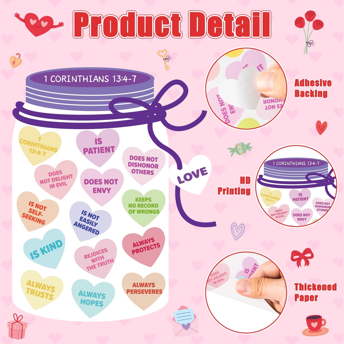 COcnny 24 Set Valentine’s Day Love Candy Jar Craft Kit for Kids, Make Your Own Heart Decor Craft, DIY 1 Corinthians 13:4-7 Religious Sweet Sticker Paper Art for Sunny School Classroom Fun Activity