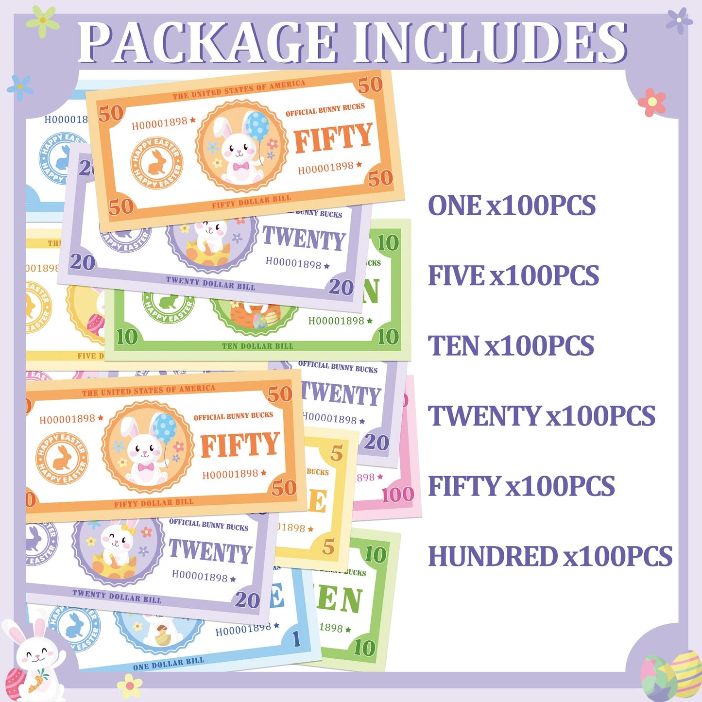 COcnny Easter Play Bucks for Game - 600pcs Hunt Bunny Bank Paper Money for Pretend Play Cashier, Spring Egg Theme Fake Bucks for Refill Packs School Home Reward Prop Supplies