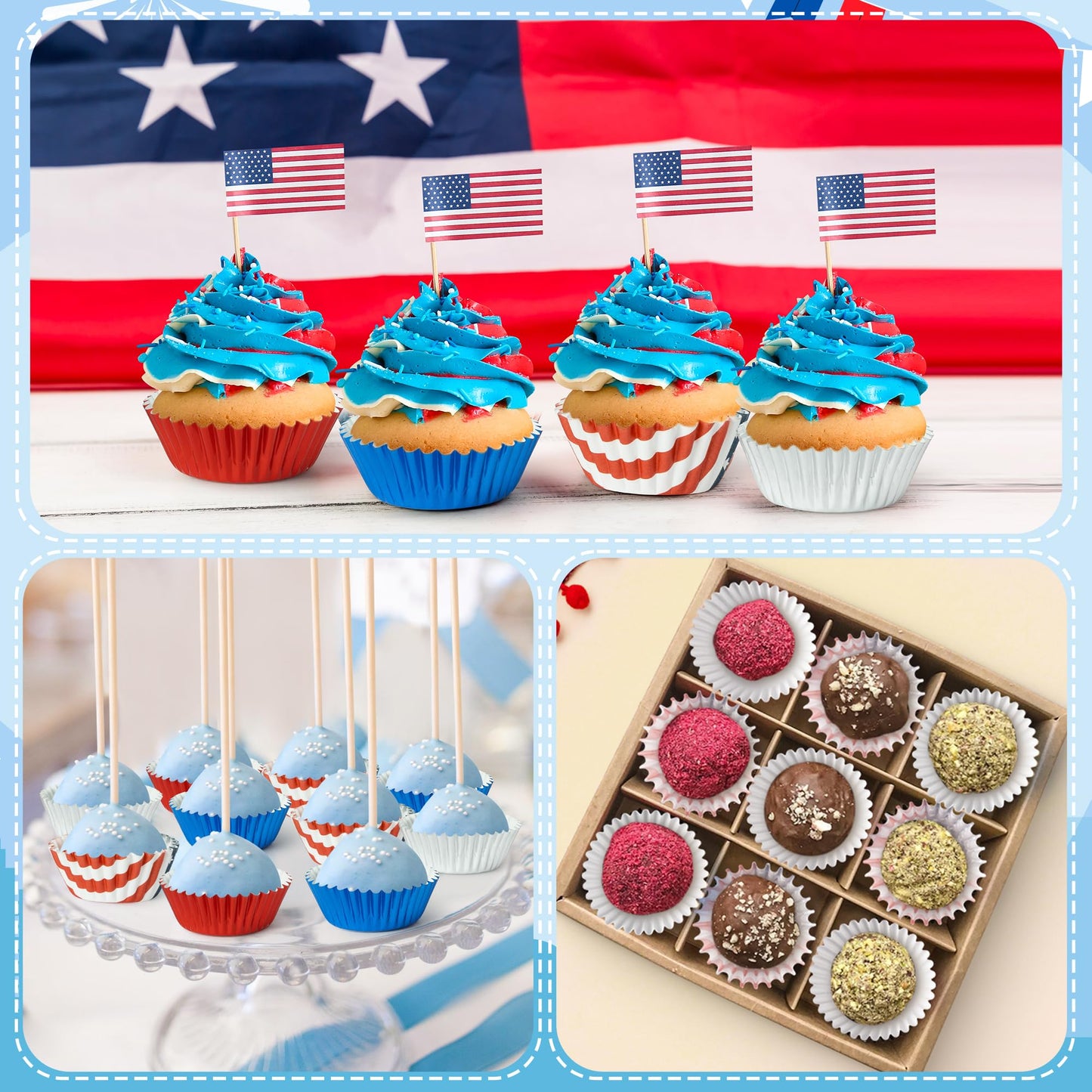 COcnny America Mini Cupcake Liners - 600pcs 4th of July Foil Baking Cups Muffin Paper Cupcakes Wrappers for Patriotic Holiday Party, Independence Day Candy Chocolate Wrap Making Supplies (4 Styles)