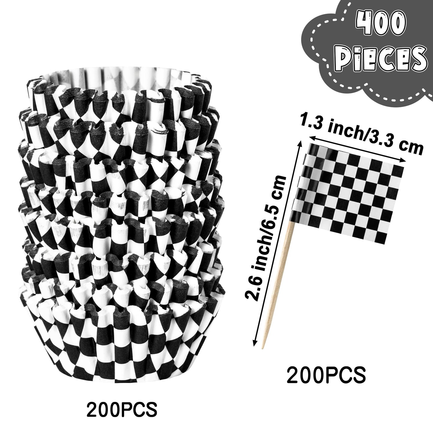 COcnny Checkered Mini Cupcake Liner - 200pcs Race Car Muffin Cake Baking Cups with 200pcs Flag Cupcake Toppers, Black and White Racing Cars Candy Wrap Making Supplies for Birthday Party Decorations