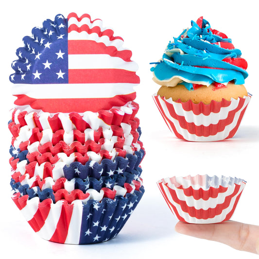 COcnny American Mini Cupcake Liner - 200pcs 4th of July Small Muffin Cups Paper Wrappers for Baking, Patriotic American Flag Red White and Blue Cake Chocolate Candy Wrap for Memorial Independence Day