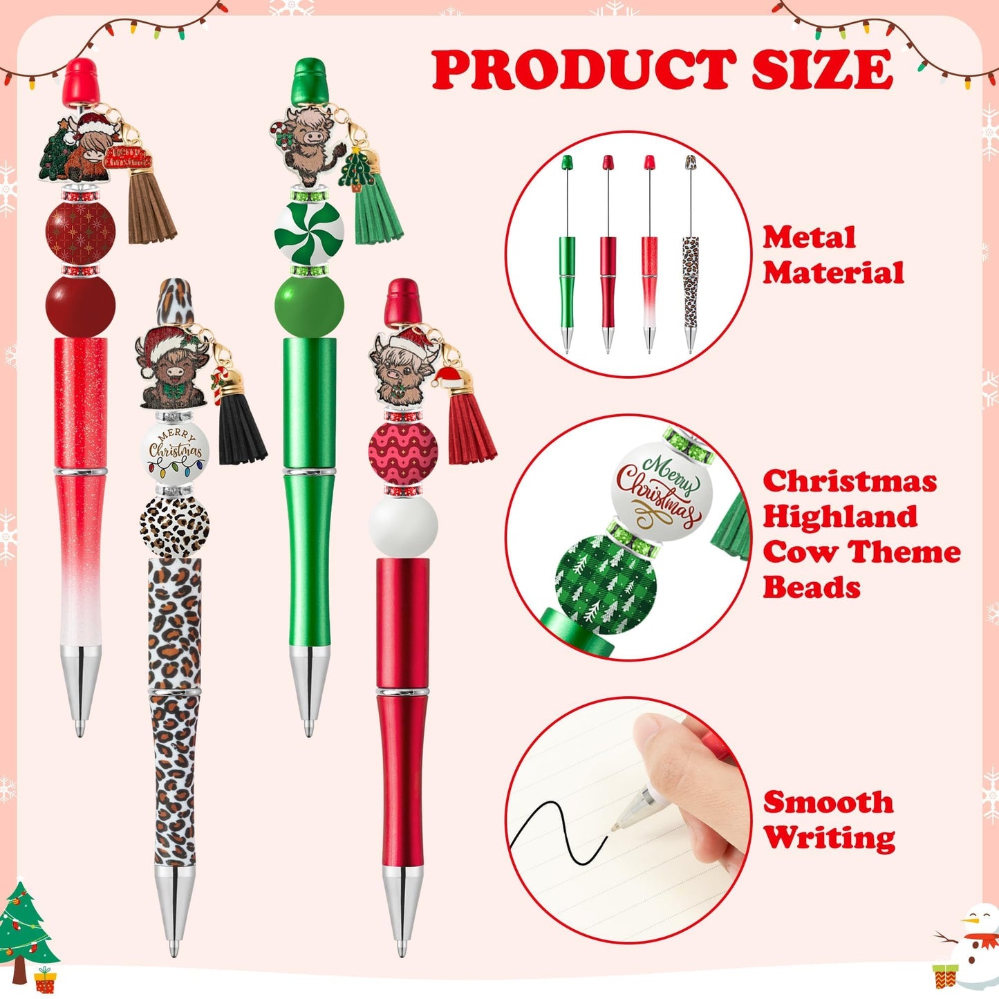 COcnny Highland Cow Beadable Pens - 12 Set Mooey Christmas DIY Ballpoint Pen Making Kit with Bead Craft, Rustic Cow Beaded Pen Bulk Charm Tassel Supplies for Xmas Party School Students Gift