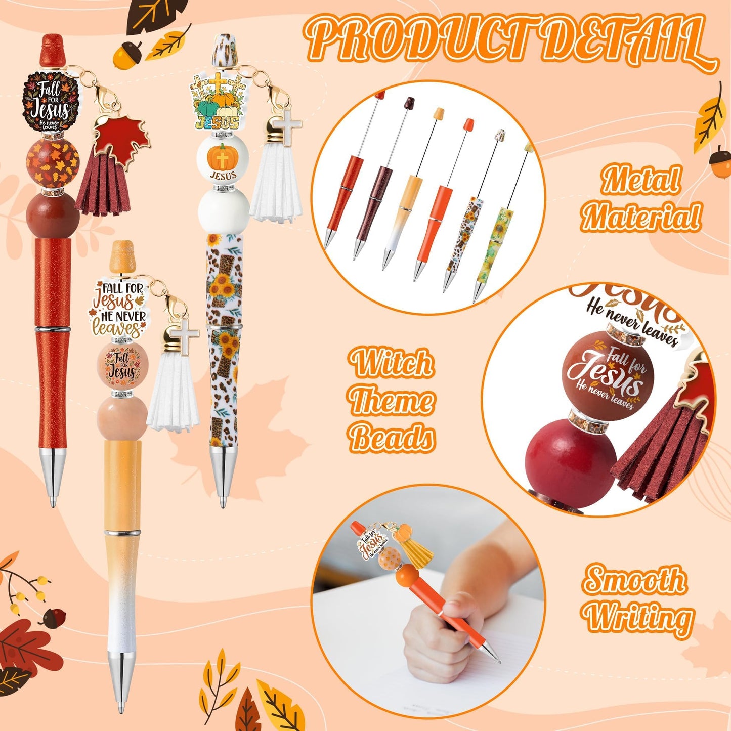 COcnny Fall Religious Beadable Pens - 12 Set Autumn DIY Ballpoint Pen Making Kit with Bead Craft, Fall for Jesus Beaded Pen Bulk Charm Tassel Supplies for Party Women School Students Gift