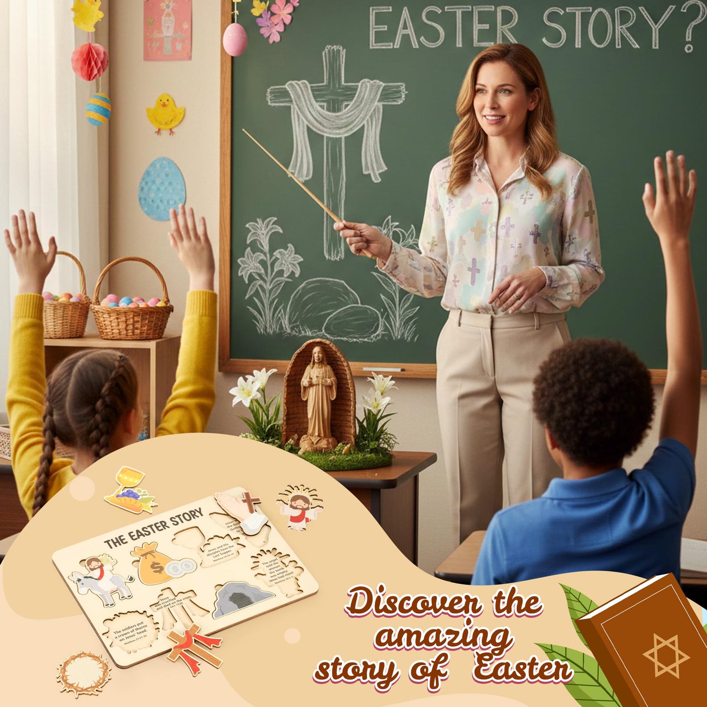 COcnny Easter Story Wooden Puzzle - 8pcs Jesus Resurrection Story Special Shaped 2D Wood Jigsaw Puzzle Set, Religious Gift for Sunday School Classroom Game Supplies Home Easter Basket Fillers