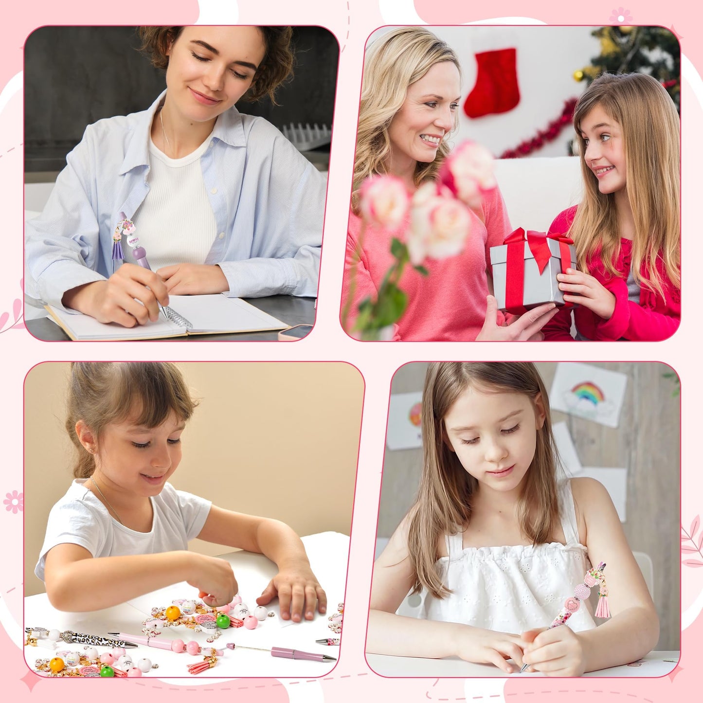 COcnny Mothers Day Beadable Pens - 12 Set Floral DIY Ballpoint Pen Making Kit with Bead Craft, Mother’s Day Party Flower Beaded Pen Bulk Charm Tassel Supplies for Women School Students Gift