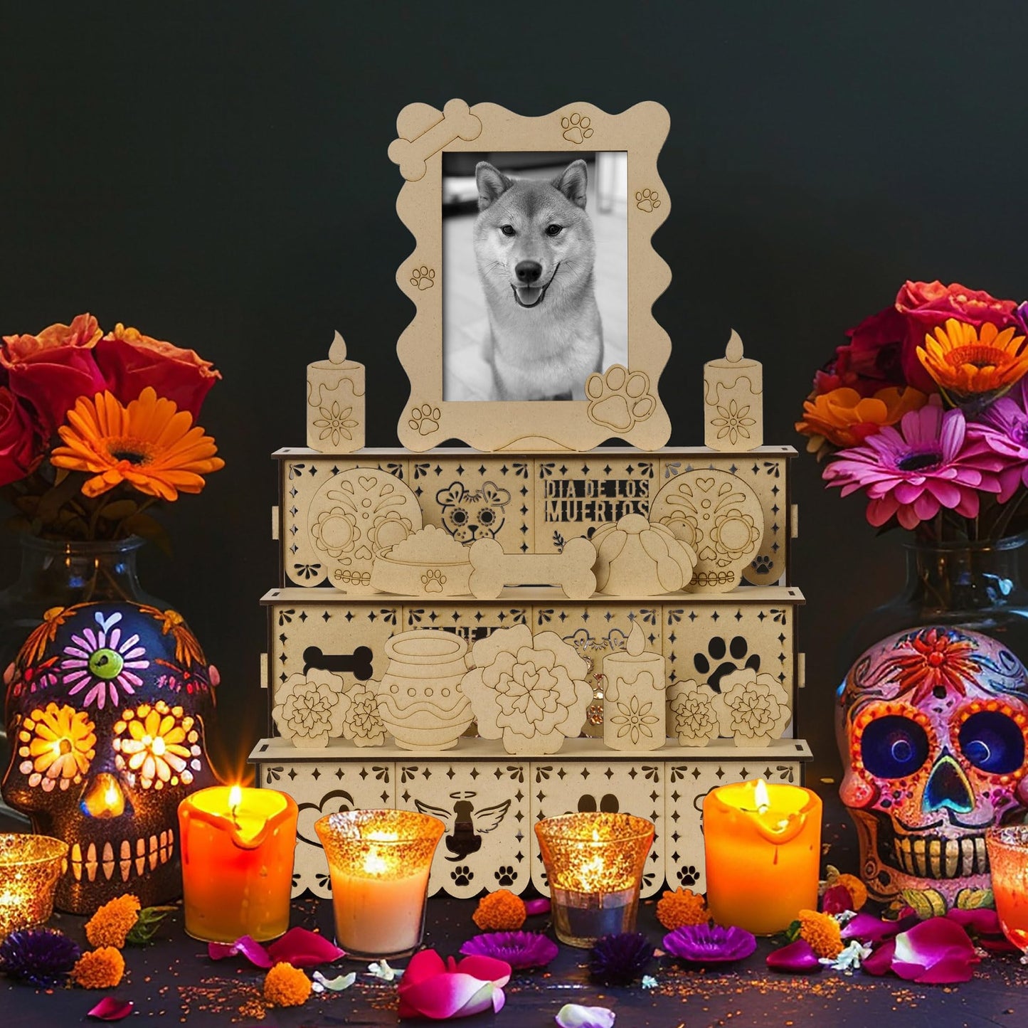 COcnny Day of the Dead Altar Ofrenda - Wooden Shadow Box Photo Frame Set for Dia De Los Muertos Altar Memorial Decorations, Skull Candle Tabletop Ofrenda Display Decor for Pet Dog Remembrance (1 Set)