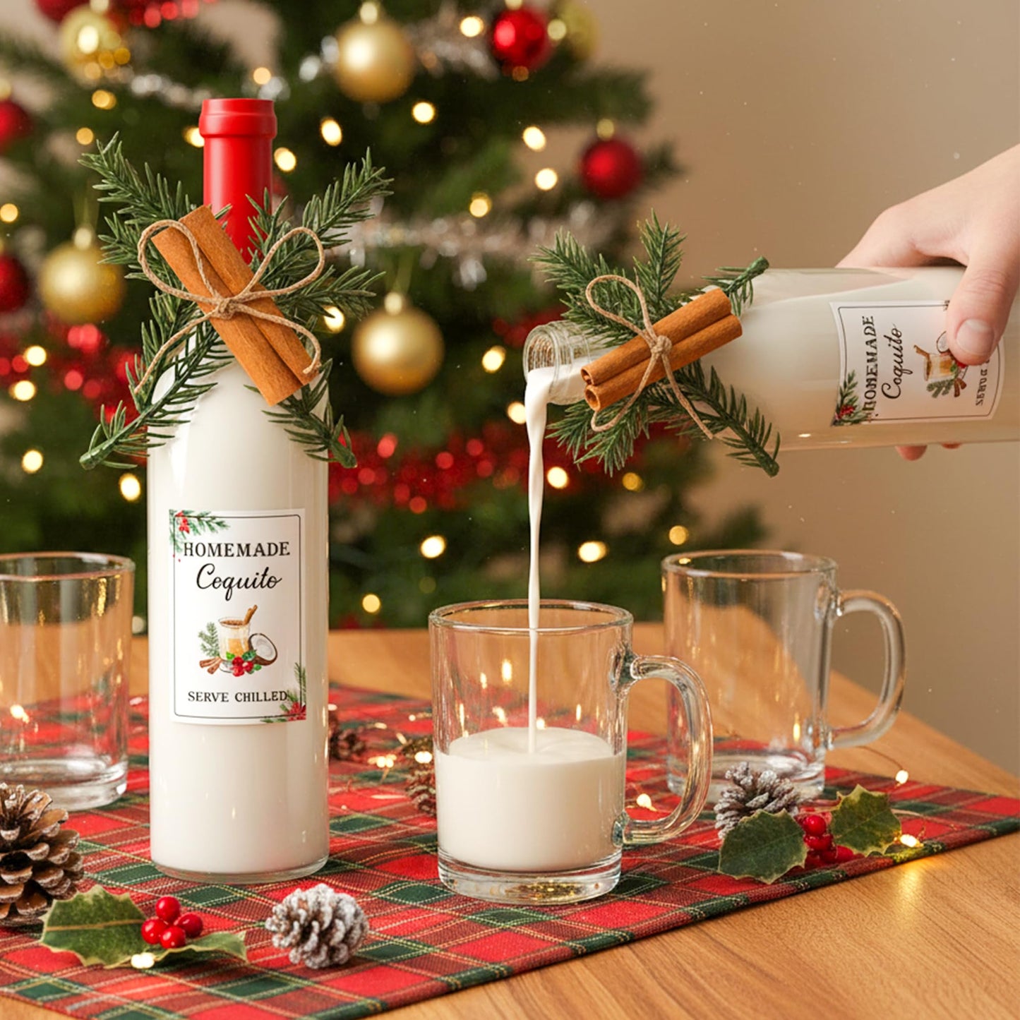 COcnny Coquito Wine Bottle Stickers - 24 Set Christmas Coquito Labels with Pine Branches Cinnamon Decor for Coconut Liqueur Wine Bottle Handmade Sticker for Xmas DIY Craft Holiday Party Supplies