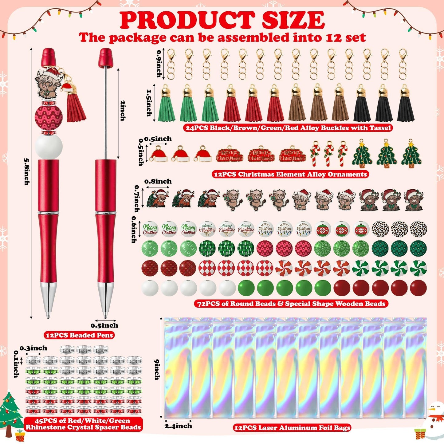 COcnny Highland Cow Beadable Pens - 12 Set Mooey Christmas DIY Ballpoint Pen Making Kit with Bead Craft, Rustic Cow Beaded Pen Bulk Charm Tassel Supplies for Xmas Party School Students Gift