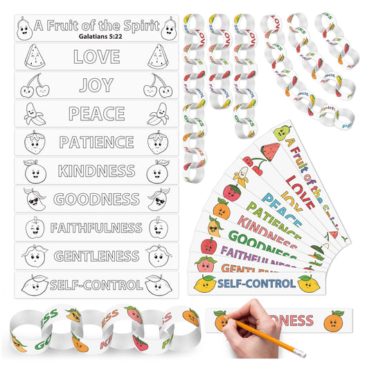COcnny Bible Coloring Paper Craft - 200pcs DIY Religious Fruit of Spirit Chain Kit, Color Your Own Strips to Make Garland, Creative Art Activity for Easter Christian Classroom Spring Decor (10 Styles)