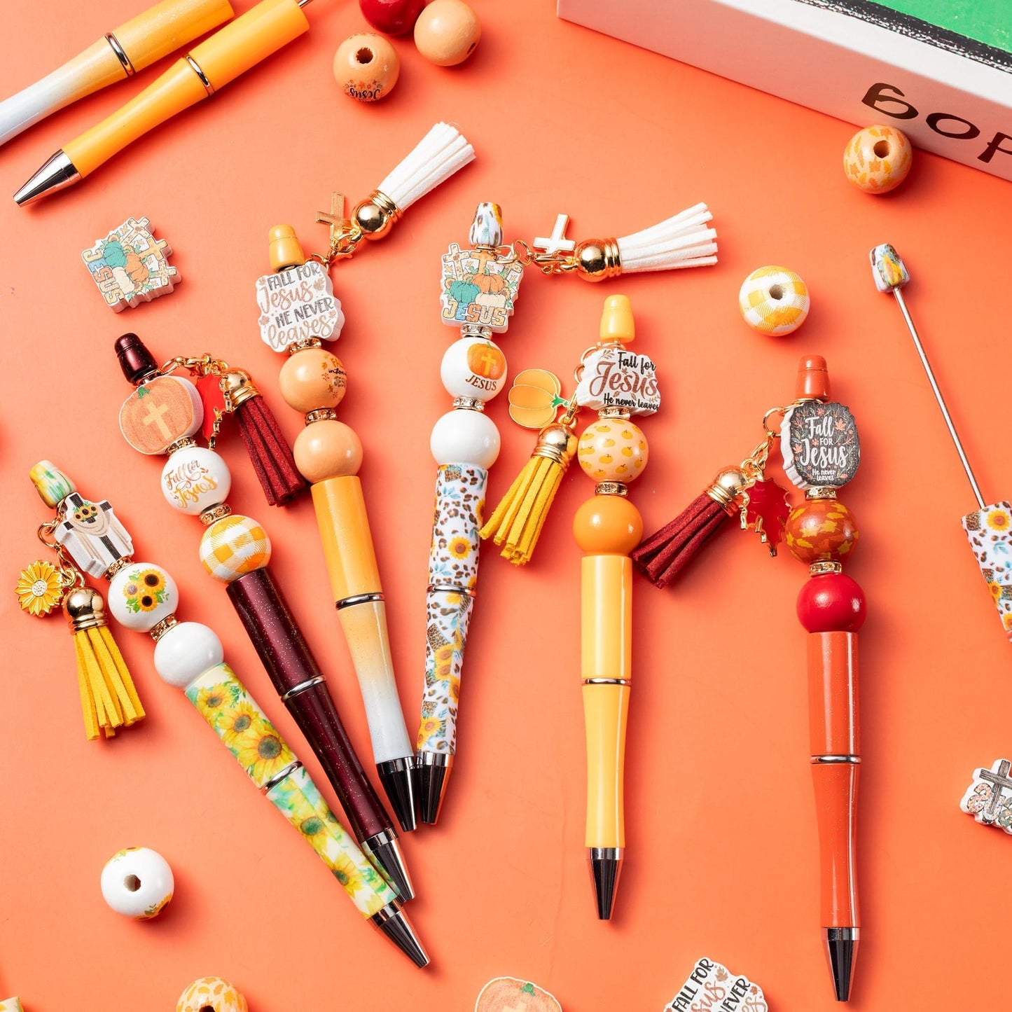 COcnny Fall Religious Beadable Pens - 12 Set Autumn DIY Ballpoint Pen Making Kit with Bead Craft, Fall for Jesus Beaded Pen Bulk Charm Tassel Supplies for Party Women School Students Gift
