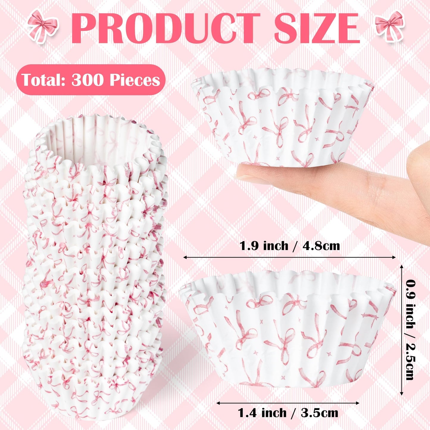 COcnny Bow Mini Cupcake Liners - 300pcs Pink Bowknot Baking Cups Muffin Paper Cupcakes Wrappers for Birthday, Candy Cake Chocolate Wrap Making Supplies for Baby Shower Wedding Bachelorette Party
