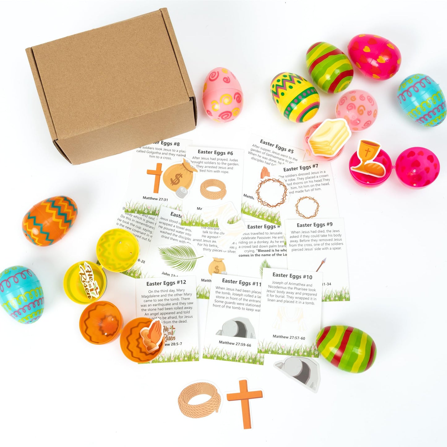 COcnny Easter Story Religious Eggs - 12 Set Easter Eggs with Matching Holy Week Cards and Religious Paper for Basket Stuffer, Christian Gift for Sunday School Hunt Activities