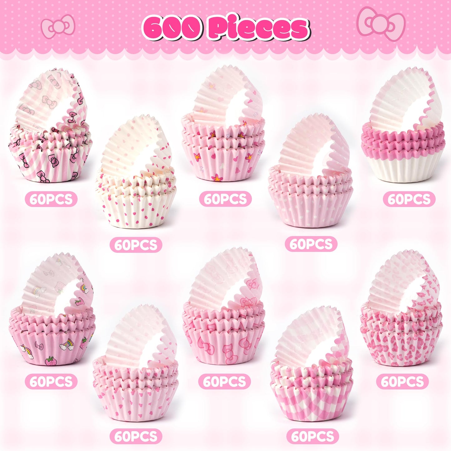 COcnny Pink Mini Cupcake Liners - 600pcs Pink Bow Baking Cups Muffin Paper Cupcakes Wrappers for Birthday, Cute Cat Candy Cake Chocolate Wrap Making Supplies for Baby Shower Wedding Bachelorette Party