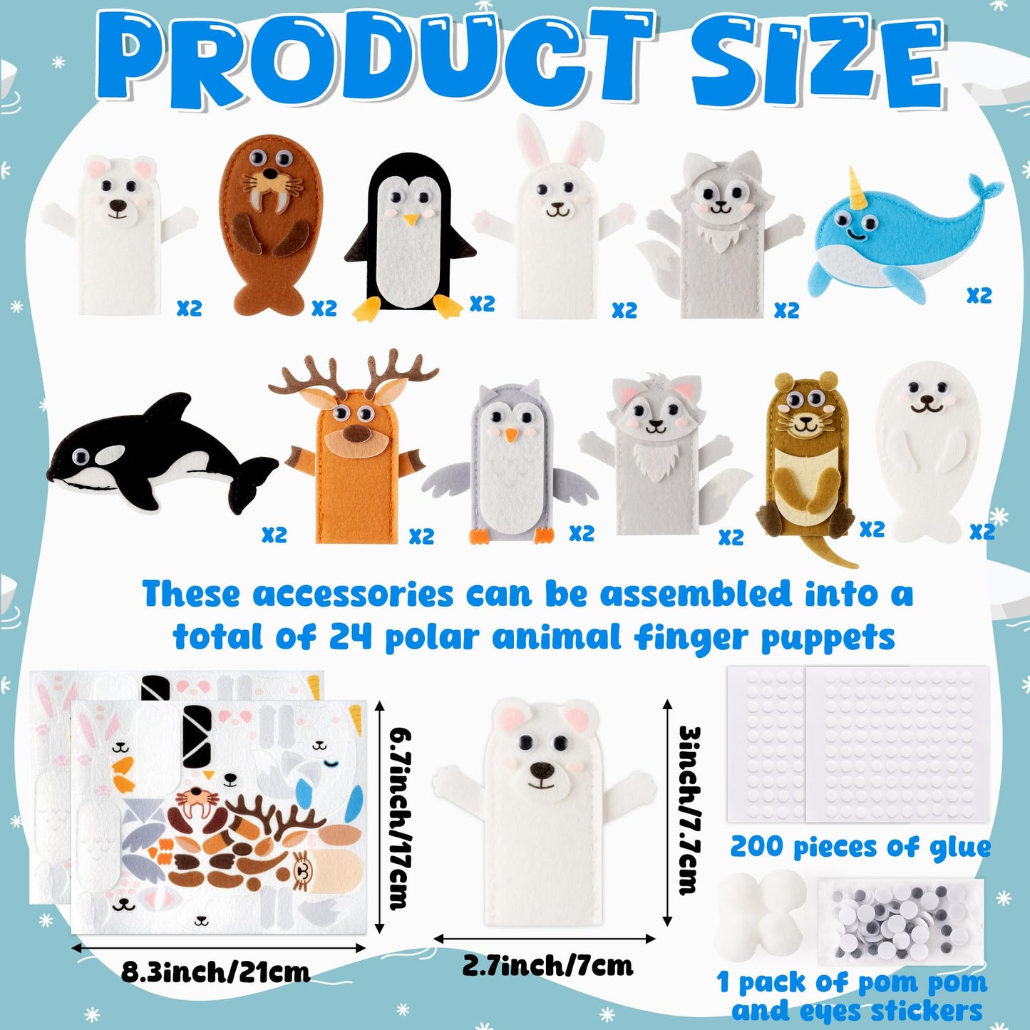 COcnny Polar Animal Finger Puppets - 24pcs DIY Winter Felt Hand Puppet Making Kit for Kids, Make Your Own Art Story Telling Toy, Arctic Antarctic Animals Role Play for Boy Girl Toddles School Birthday