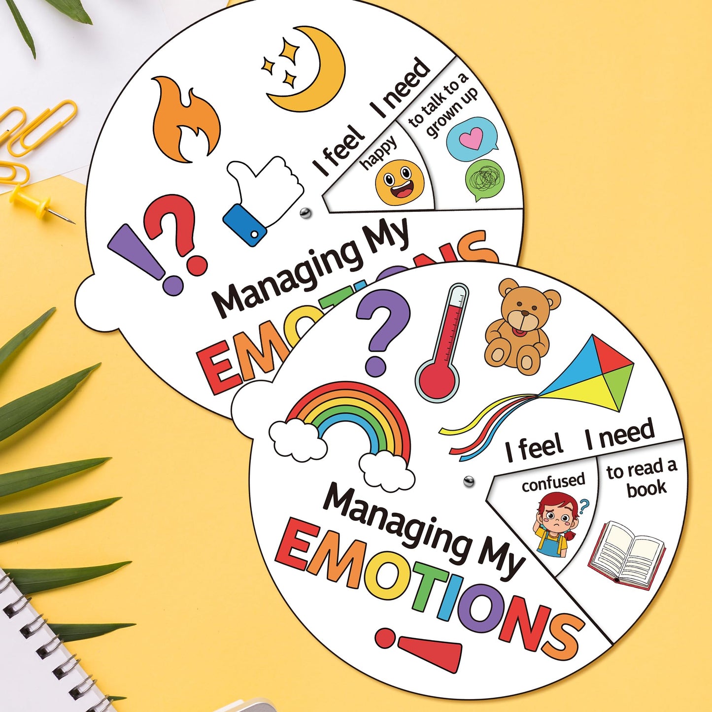 COcnny Managing Emotions Coloring Craft- 24 Sets Color Your Own Social Emotional Art Craft DIY Wheel Cards, Express Feeling Learning Paper Craft Art for Sunday School Home Class Activities