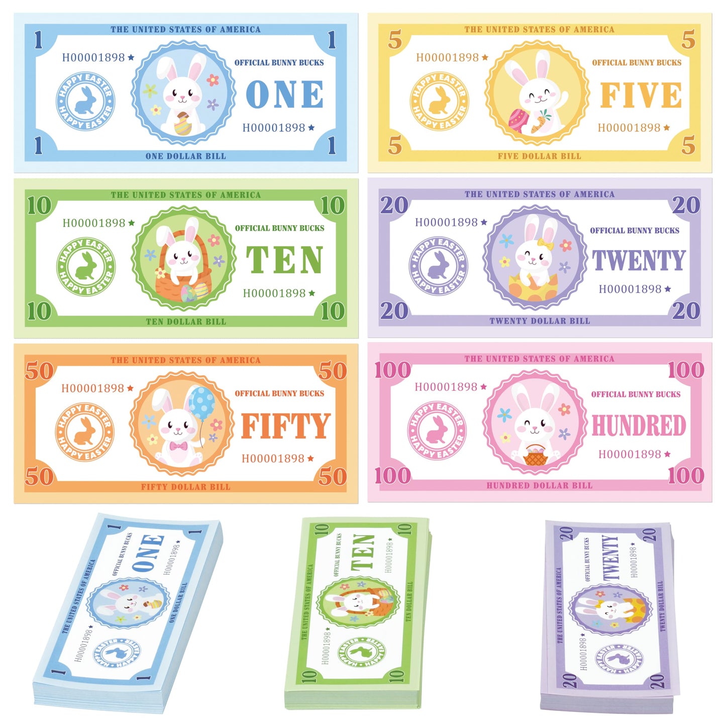 COcnny Easter Play Bucks for Game - 600pcs Hunt Bunny Bank Paper Money for Pretend Play Cashier, Spring Egg Theme Fake Bucks for Refill Packs School Home Reward Prop Supplies
