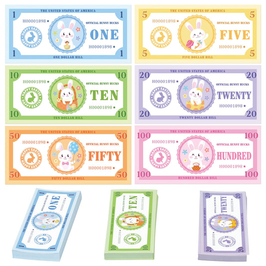 COcnny Easter Play Bucks for Game - 600pcs Hunt Bunny Bank Paper Money for Pretend Play Cashier, Spring Egg Theme Fake Bucks for Refill Packs School Home Reward Prop Supplies