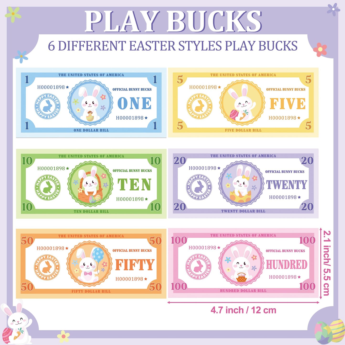 COcnny Easter Play Bucks for Game - 600pcs Hunt Bunny Bank Paper Money for Pretend Play Cashier, Spring Egg Theme Fake Bucks for Refill Packs School Home Reward Prop Supplies