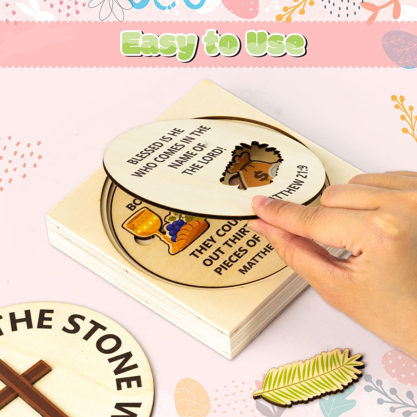 COcnny Easter Story Wooden Puzzle - 8pcs Jesus Story Wood Jigsaw Puzzle Box with Matching Bible, Religious Christian Gift for Sunday School Classroom Game Home Easter Basket Fillers Church Supplies