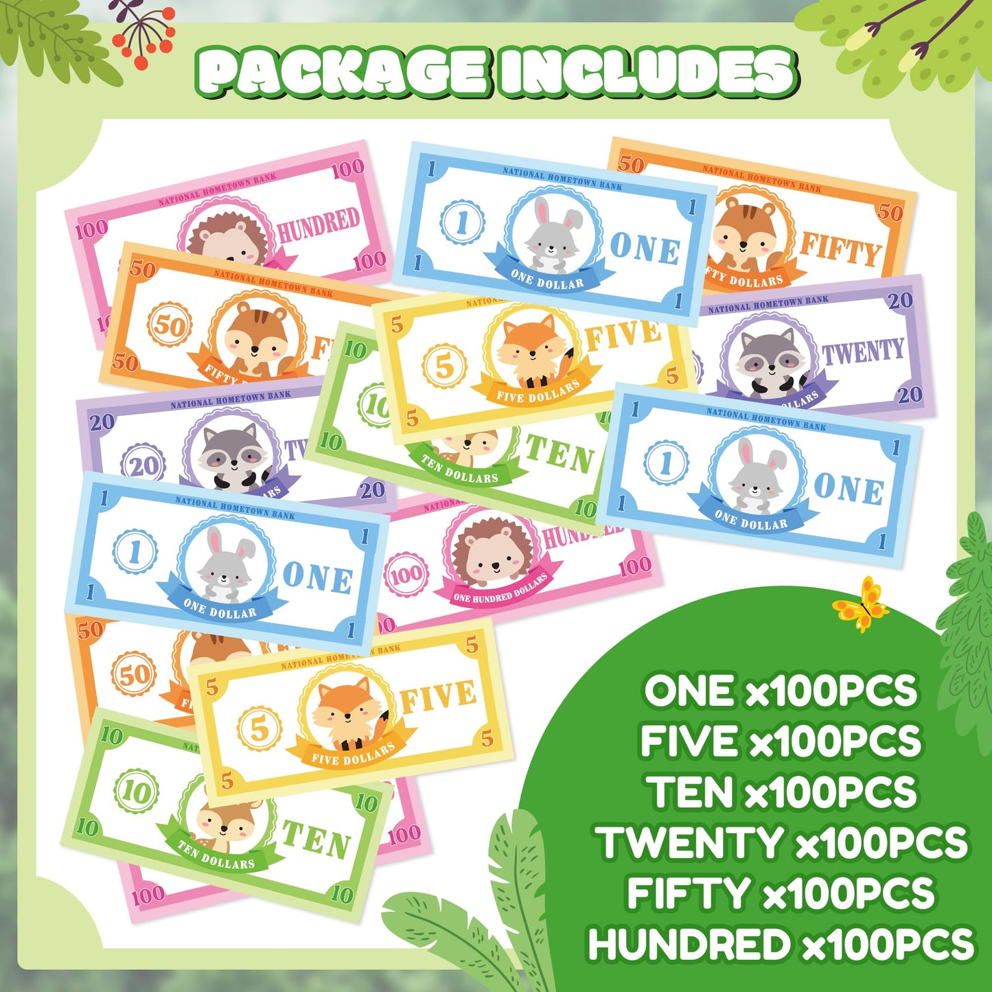 COcnny Woodland Play Bucks for Game - 600pcs Woodland Animal Paper Money for Pretend Play Cashier, Rabbit Fox Spring Theme Fake Bucks for Refill Packs School Educational Home Reward Prop Supplies