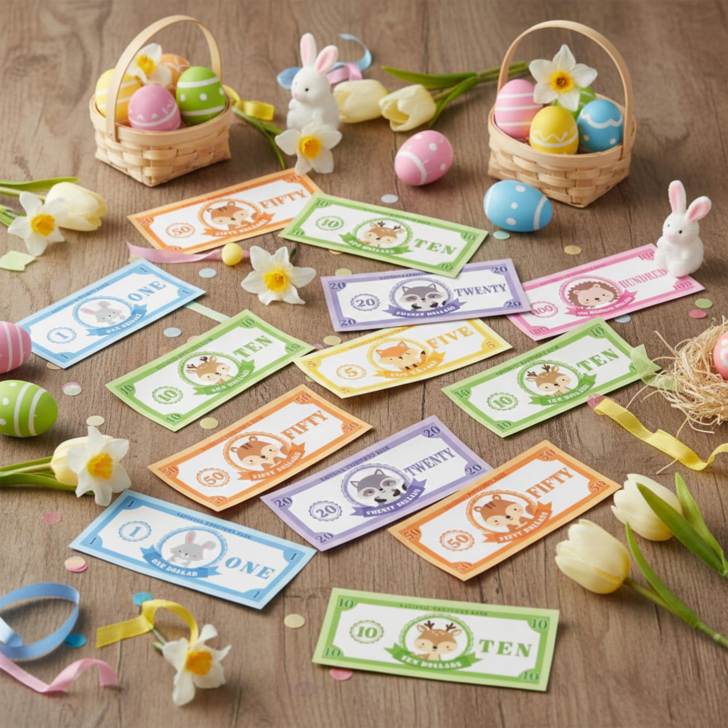 COcnny Woodland Play Bucks for Game - 600pcs Woodland Animal Paper Money for Pretend Play Cashier, Rabbit Fox Spring Theme Fake Bucks for Refill Packs School Educational Home Reward Prop Supplies