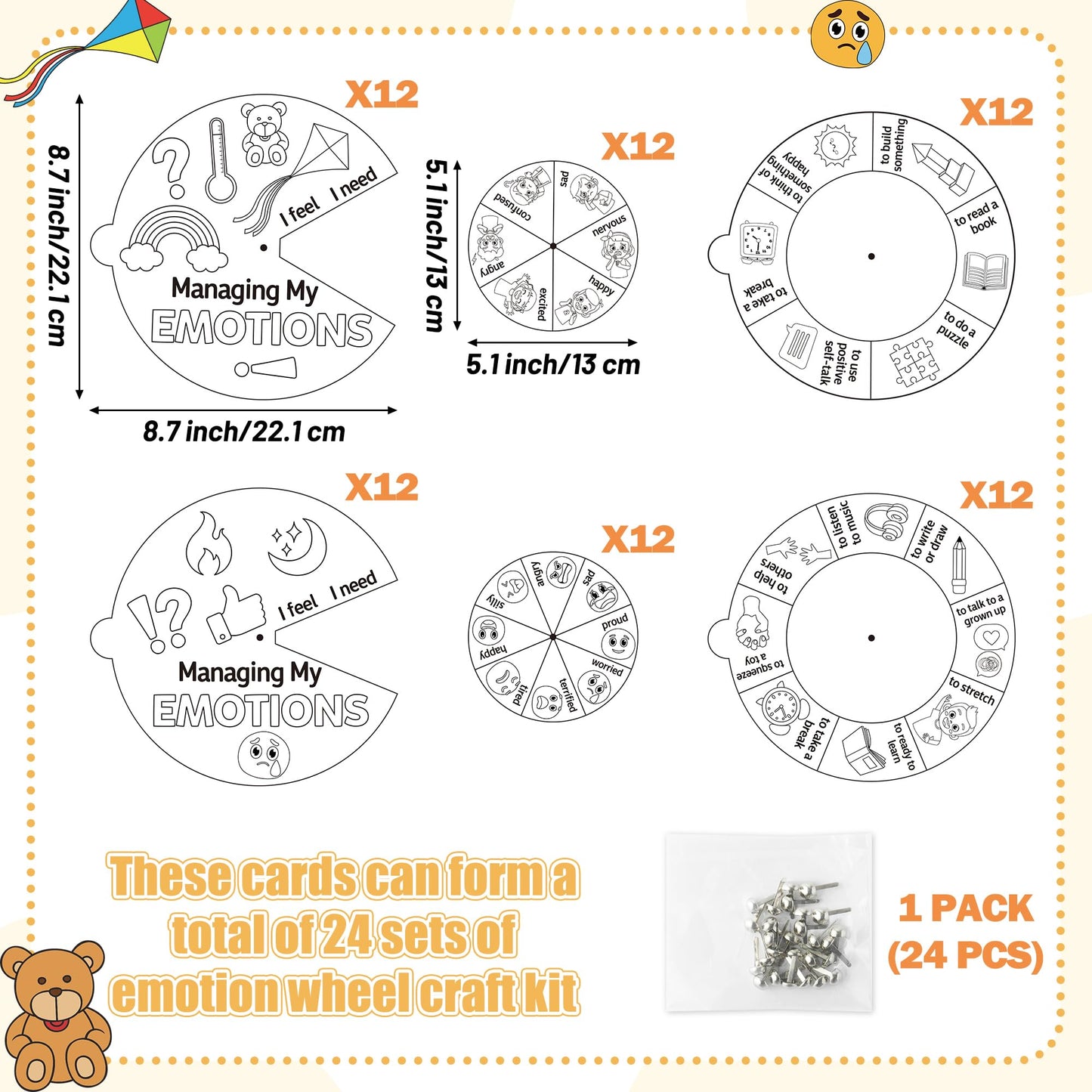 COcnny Managing Emotions Coloring Craft- 24 Sets Color Your Own Social Emotional Art Craft DIY Wheel Cards, Express Feeling Learning Paper Craft Art for Sunday School Home Class Activities