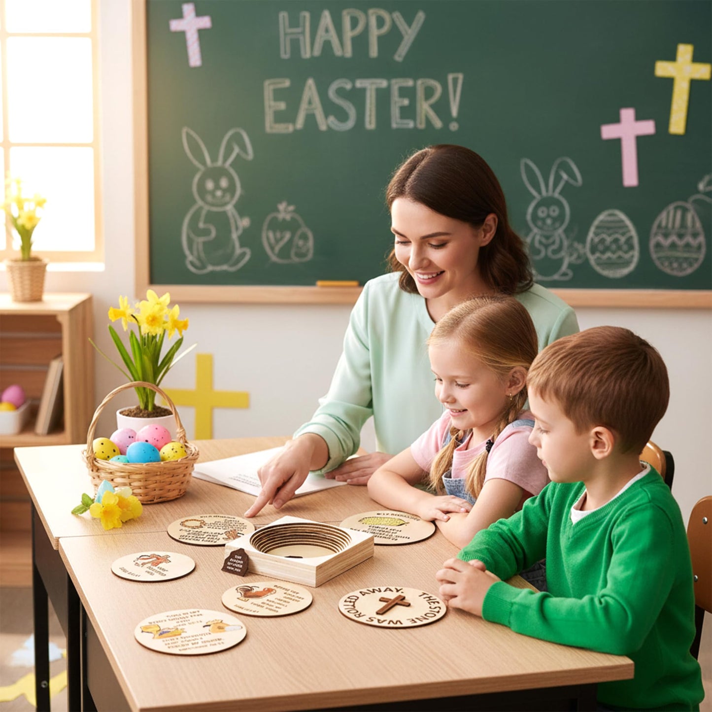 COcnny Easter Story Wooden Puzzle - 8pcs Jesus Story Wood Jigsaw Puzzle Box with Matching Bible, Religious Christian Gift for Sunday School Classroom Game Home Easter Basket Fillers Church Supplies