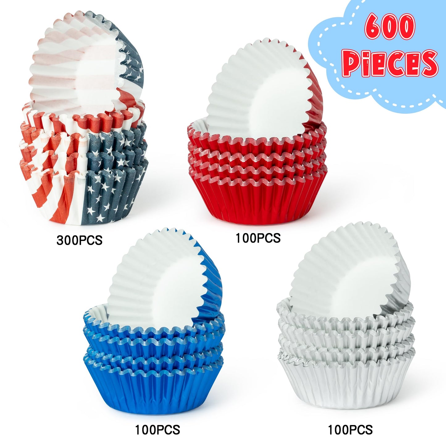 COcnny America Mini Cupcake Liners - 600pcs 4th of July Foil Baking Cups Muffin Paper Cupcakes Wrappers for Patriotic Holiday Party, Independence Day Candy Chocolate Wrap Making Supplies (4 Styles)