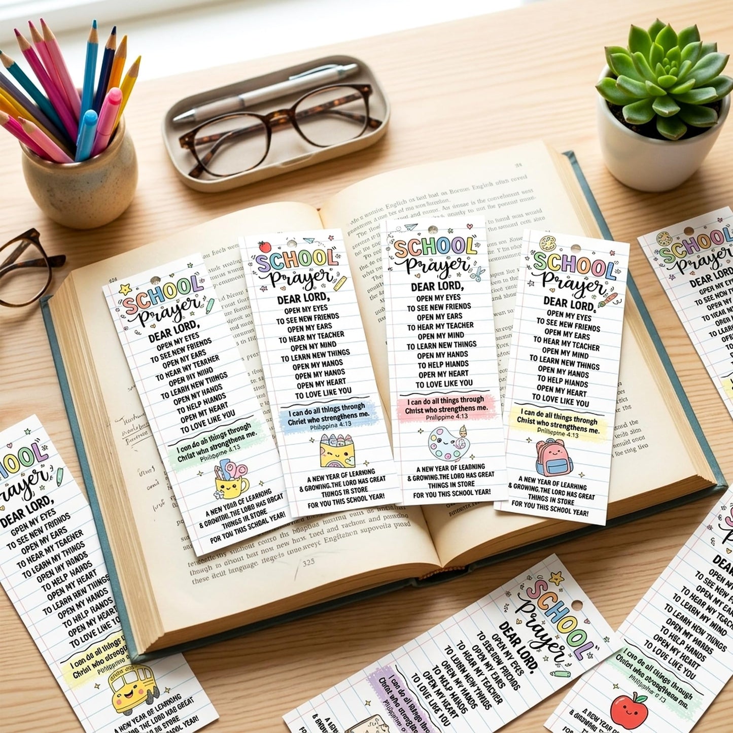 COcnny Back to School Prayer Bookmarks - 120pcs Religious Bookmark Bulk for First Day of School Gift, Inspiration Book Mark with Ribbon for Sunday School Classroom Celebration Event Church Supplies