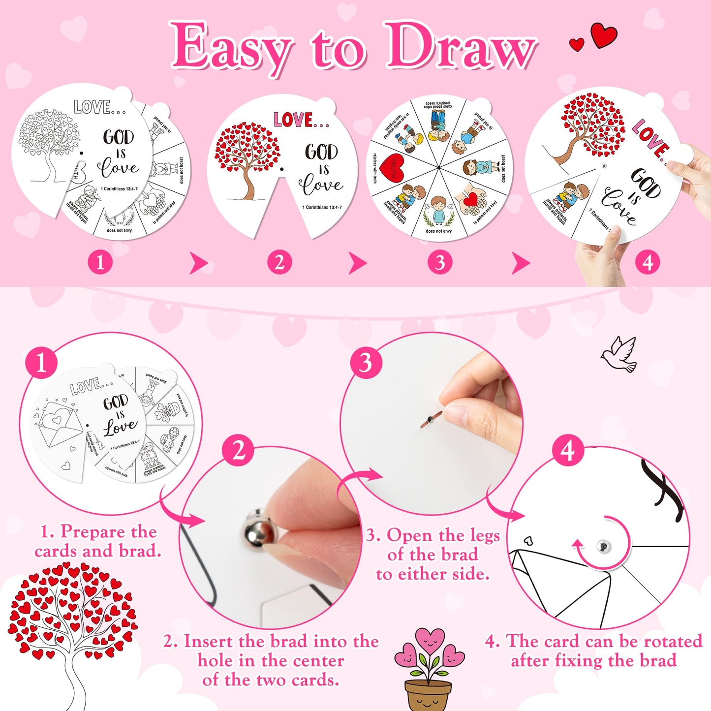 COcnny Christian Coloring Craft for Kids - 24 Set Color Your Own Love Religious Art Cards, DIY Sweet God Bible Wheel Paper for Church Sunday School Classroom VBS Activities