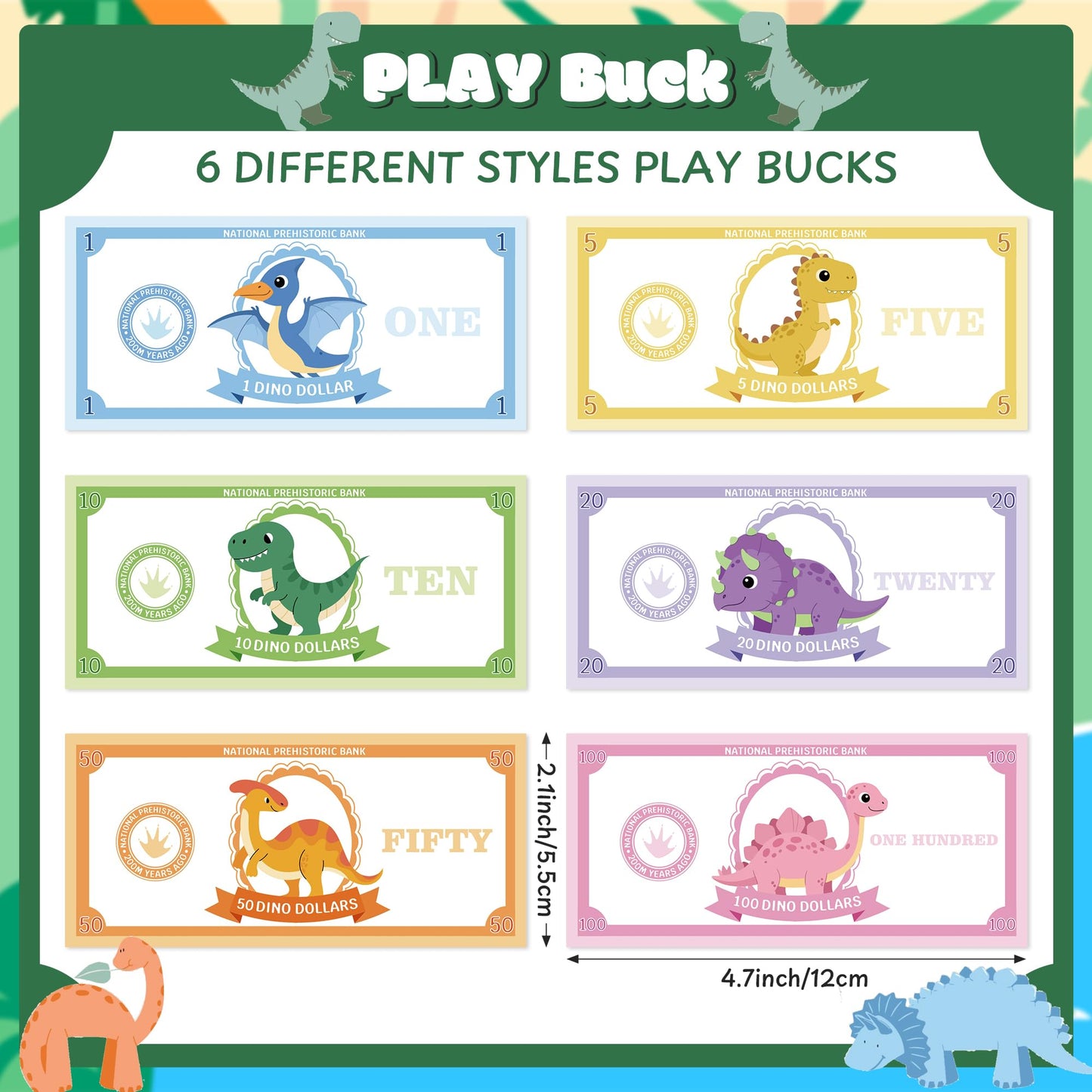 COcnny Dinosaur Play Bucks for Game - 600pcs Dino Paper Money for Party