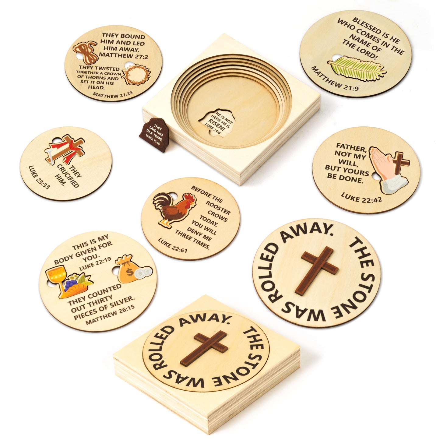 COcnny Easter Story Wooden Puzzle - 8pcs Jesus Story Wood Jigsaw Puzzle Box with Matching Bible, Religious Christian Gift for Sunday School Classroom Game Home Easter Basket Fillers Church Supplies