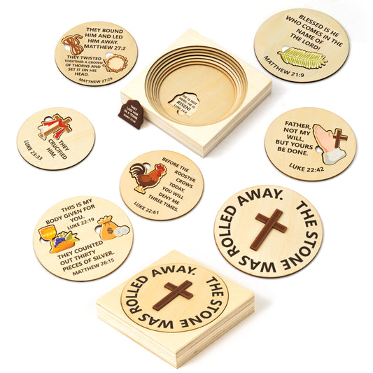 COcnny Easter Story Wooden Puzzle - 8pcs Jesus Story Wood Jigsaw Puzzle Box with Matching Bible, Religious Christian Gift for Sunday School Classroom Game Home Easter Basket Fillers Church Supplies