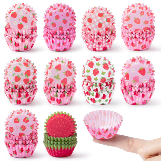 COcnny Strawberry Mini Cupcake Liners - 600pcs Summer Baking Cups Muffin Cupcakes Paper Wrappers, Pink Watermelon Candy Cake Chocolate Wrap Making Supplies for Baby Shower Party Birthday (10 Styles)