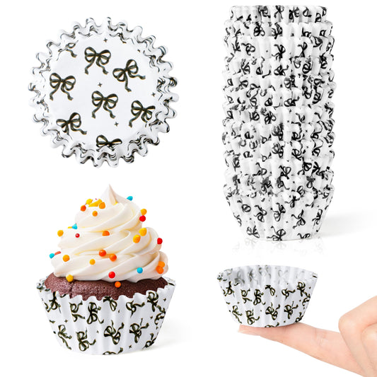 COcnny Bow Mini Cupcake Liners - 300pcs Black Bowknot Baking Cups Muffin Paper Cupcakes Wrappers for Birthday Party, Candy Cake Chocolate Wrap Making Supplies for Baby Shower Wedding Bridal Shower