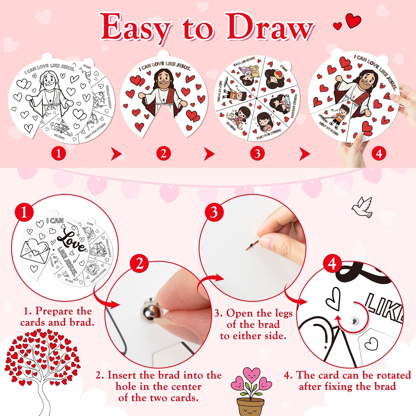 COcnny Valentine’s Day Christian Coloring Craft for Kids - 24 Sets Color Your Own Valentines Religious Art Cards, DIY Sweet Jesus Bible Wheel Paper for Church Sunday School Classroom Class Activities