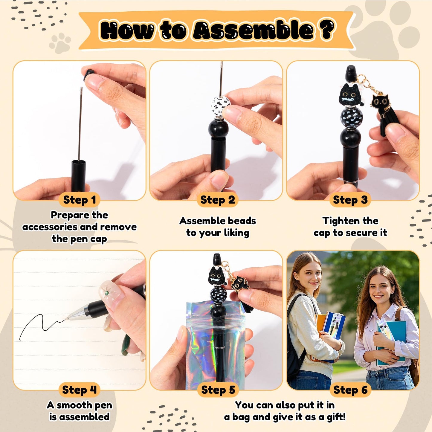 COcnny Pet Paw Beadable Pens- 12 Set Black Cat DIY Ballpoint Craft Making Kit with Bead Craft, Cute Cat Beaded Pen Bulk Charm Tassel Supplies for Pet Animal Party School Students Gift