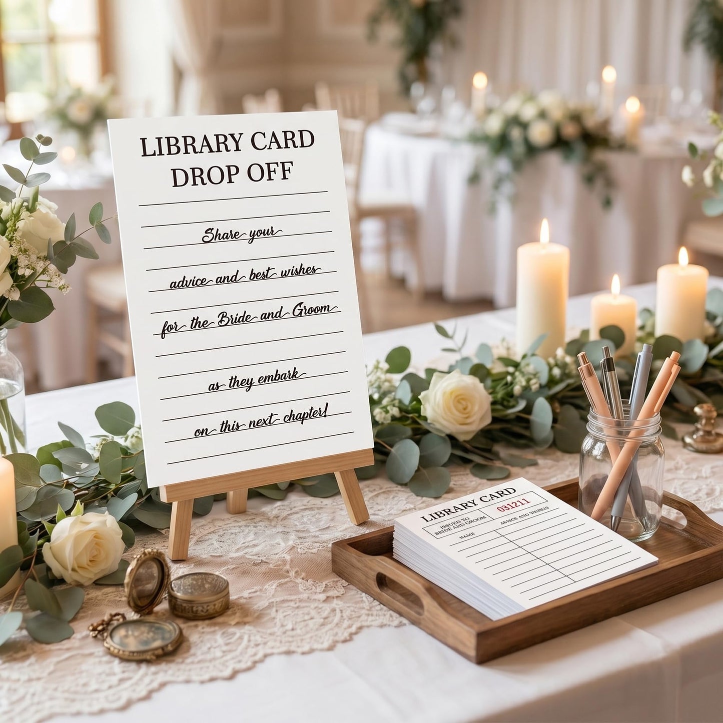 COcnny Wedding Advice and Wishes Cards - 52pcs Library Cards with Display Stand, Guest Book Alternative for Bride Groom, Mr and Mrs, Wedding Congratulations, Bridal Shower, Engagement Party