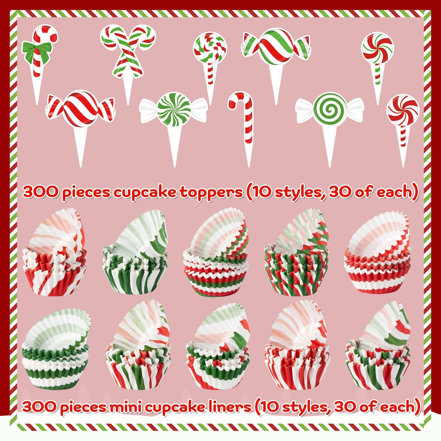 COcnny Christmas Mini Cupcake Liners - 300pcs Candy Small Muffin Cake Baking Cups with 300pcs Cupcake Toppers, Colorful Candies Cake Chocolate Wrap Making Supplies for Xmas Eve Birthday (10 Styles)