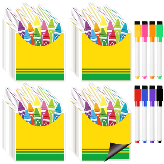 COcnny Magnetic Name Tags Labels - 48pcs Dry Erase Magnets Name Plates with 8pcs Marker Pen, Magnetic Blank Reusable Labels for Classroom Whiteboard Students Locker Shelf Home School Office (Crayon)