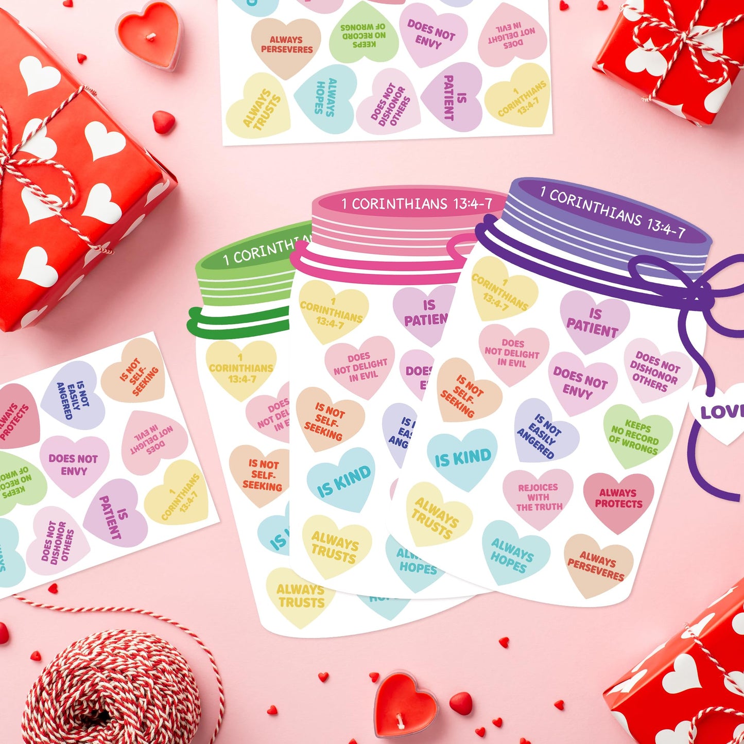 COcnny 24 Set Valentine’s Day Love Candy Jar Craft Kit for Kids, Make Your Own Heart Decor Craft, DIY 1 Corinthians 13:4-7 Religious Sweet Sticker Paper Art for Sunny School Classroom Fun Activity
