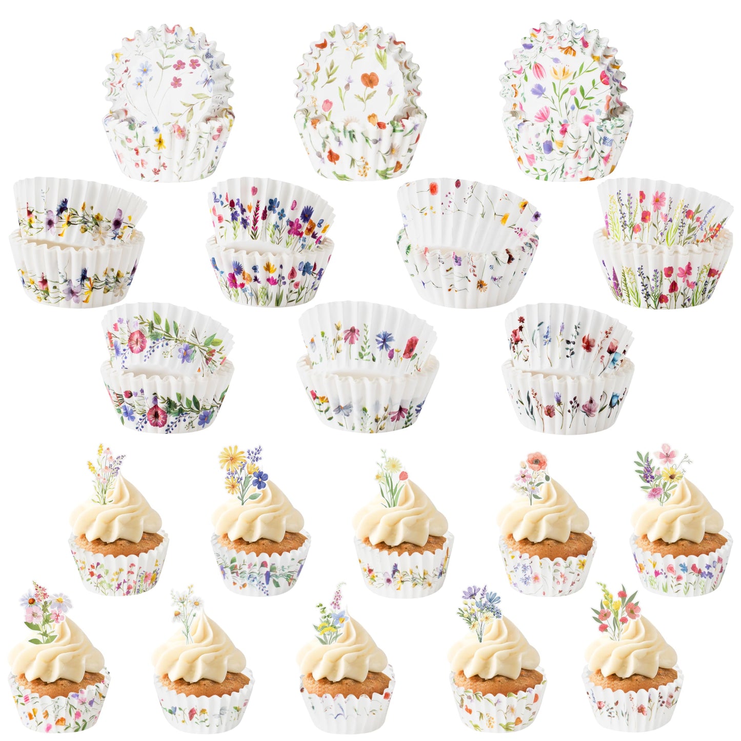 COcnny Flower Mini Cupcake Liners - 300pcs Wild Flower Small Muffin Cake Baking Cups with 300pcs Cupcake Toppers, Floral Candy Cake Wrap Making Supplies for Baby Shower Birthday (10 Styles)