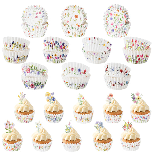 COcnny Flower Mini Cupcake Liners - 300pcs Wild Flower Small Muffin Cake Baking Cups with 300pcs Cupcake Toppers, Floral Candy Cake Wrap Making Supplies for Baby Shower Birthday (10 Styles)