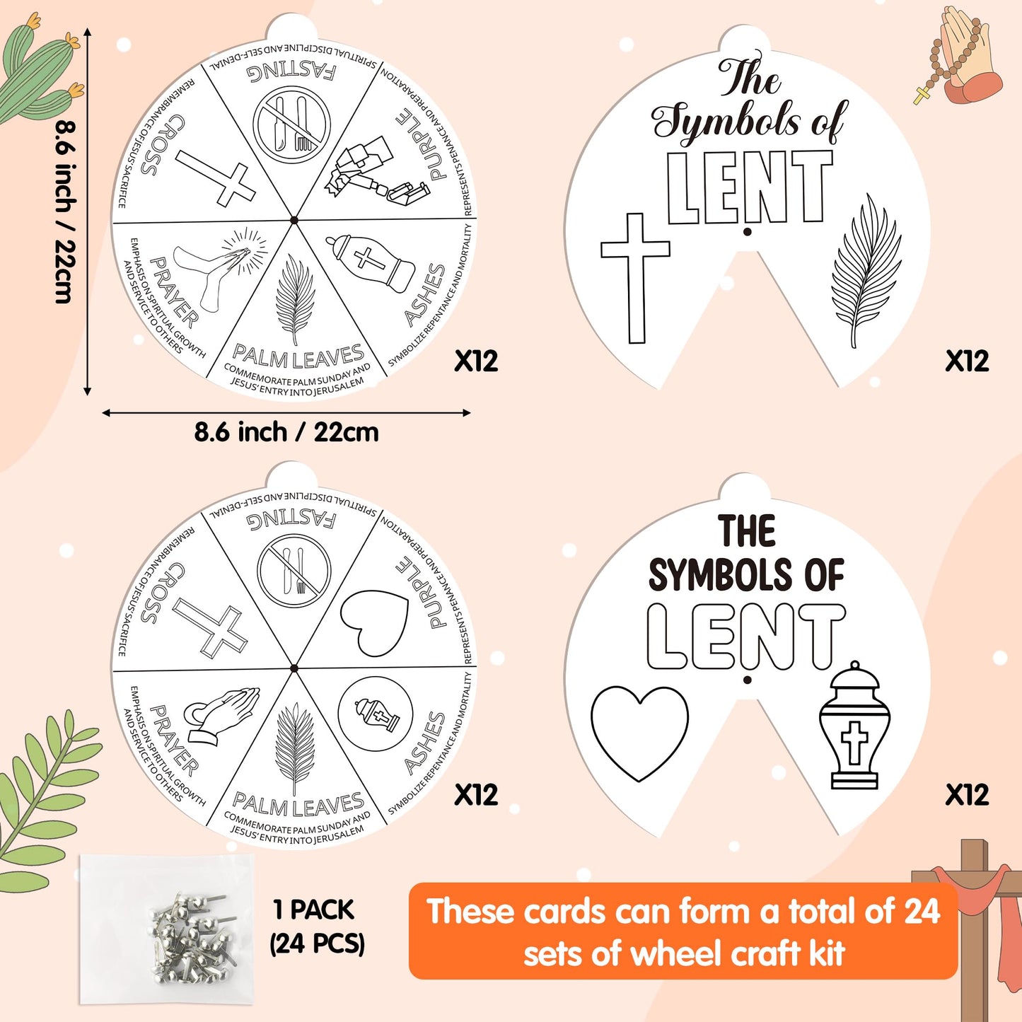 COcnny Lent Coloring Craft Kit - 24 Sets DIY Color Your Own Christian Religious Art Craft Wheel Cards, The Symbols of Lent Paper for Church Fasting Sunday School Home Bible VBS Activities
