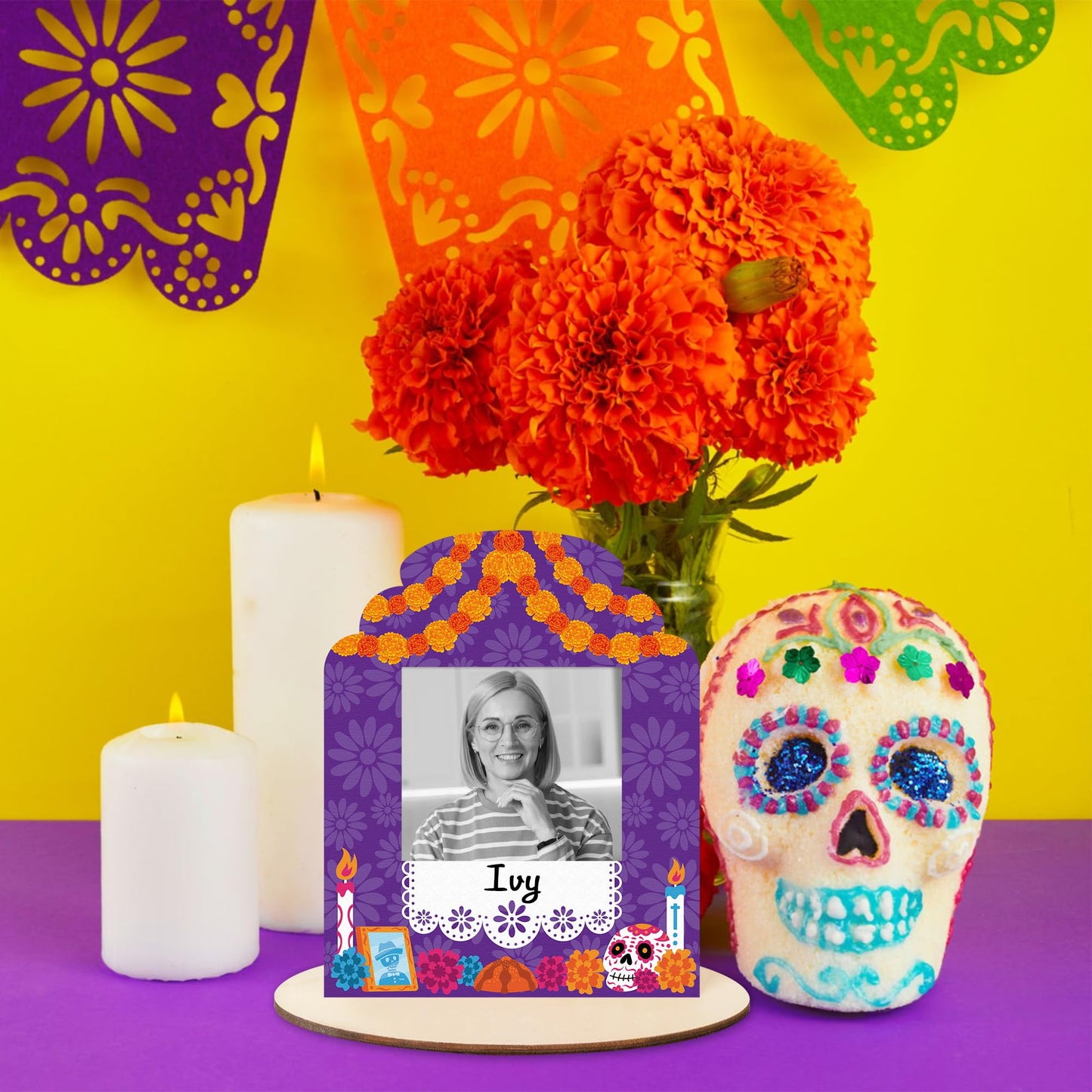 COcnny Day of the Dead Picture Frames - 12 Set Wooden Photo Frame for Dia De Los Muertos Altar Decorations, Mexican Fiesta Skull Tabletop Ofrenda Display Decor for Halloween Remembrance 2.8" x 3.1"